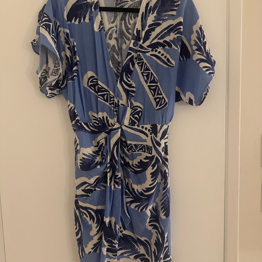 Blue and White Tropical Print Dress
